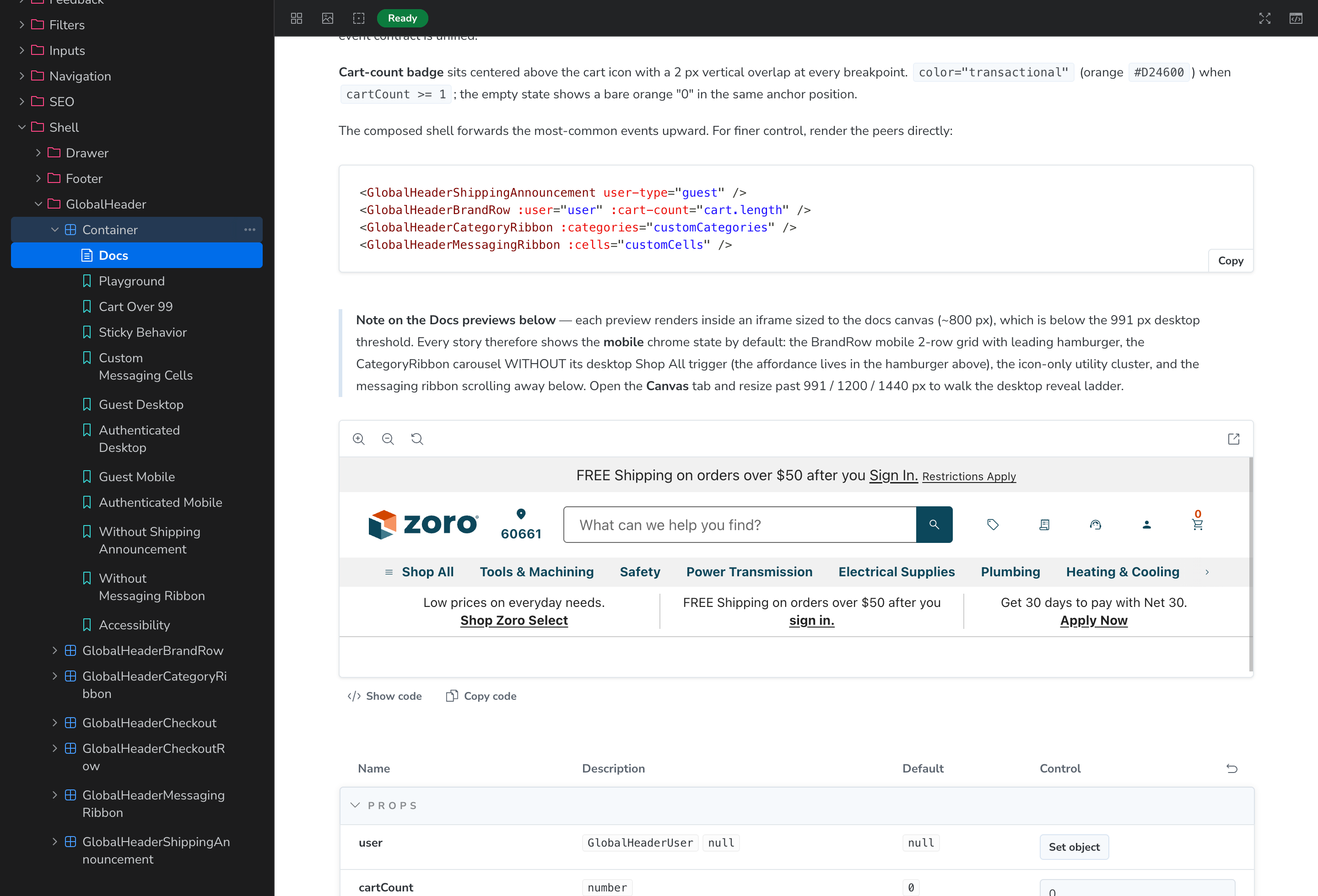 Storybook Docs page for the GlobalHeader Container pattern. Shows component documentation, code snippet for composing sub-components, a live iframe preview of the navigation at mobile breakpoint, and a props table listing user, cartCount, and other properties.